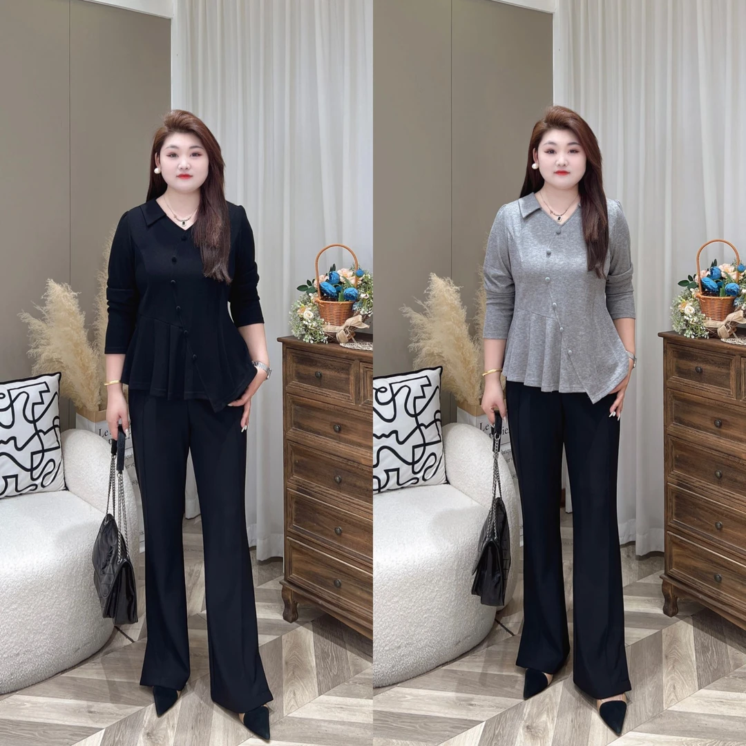 【现货上衣】PMM82159早秋气质百搭V领捏褶收肚子上衣大码女装