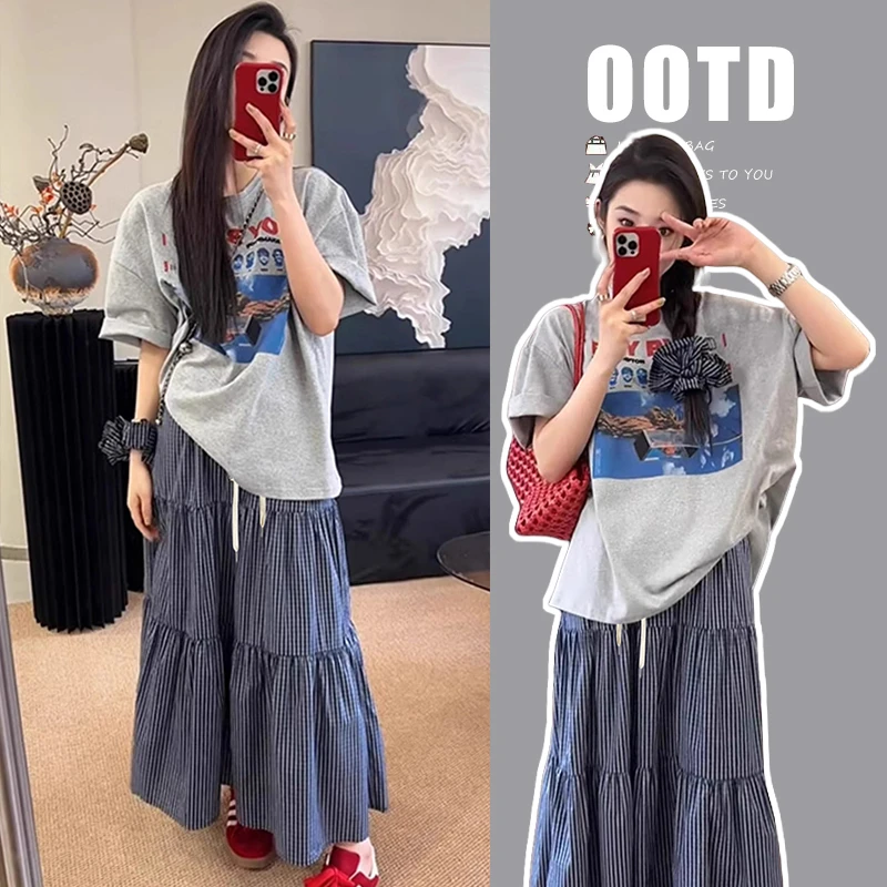 孕妇套装夏季2025新款韩版慵懒风印花短袖上衣半身裙时尚两件套装