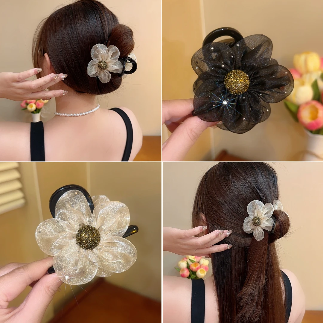 2025新款春夏闪钻轻奢网纱泡泡花朵盘发抓夹气质鲨鱼夹超仙发饰