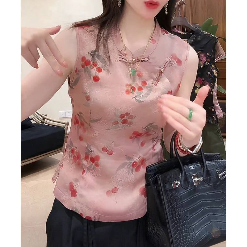 洋气衣服女装高级感新中式盘扣短袖上衣中国风印花无袖衬衣气质夏