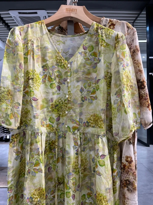 重磅桑蚕丝连衣裙印花收腰气质显瘦新中式