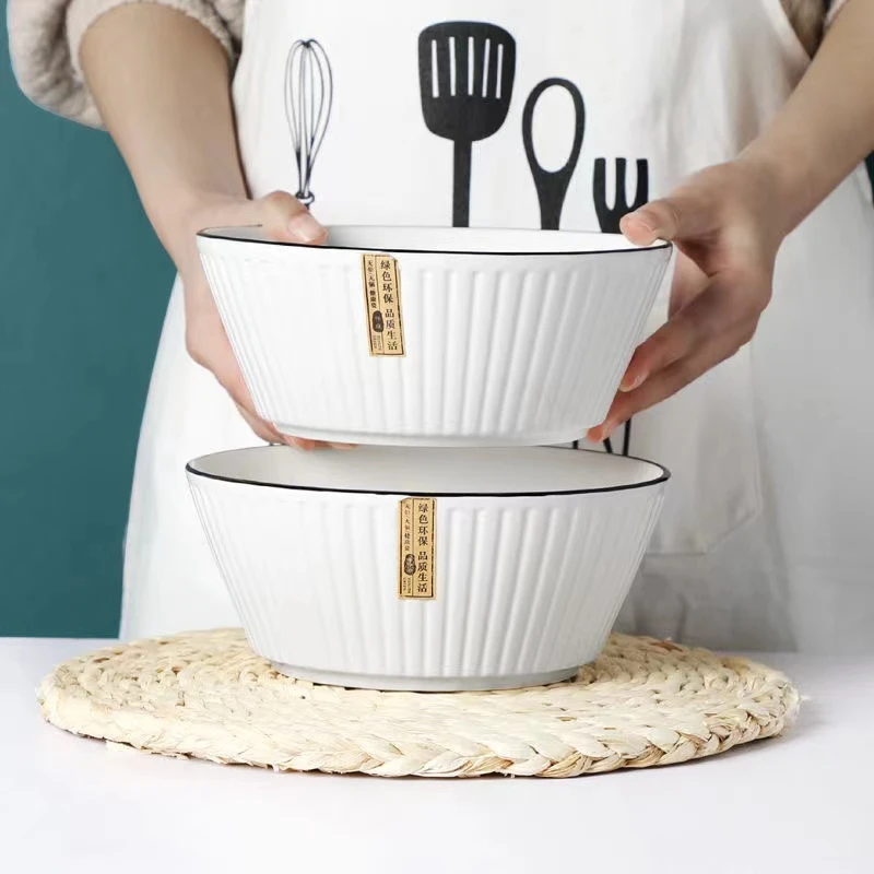 2个装8英寸黑线竖纹陶瓷大汤碗