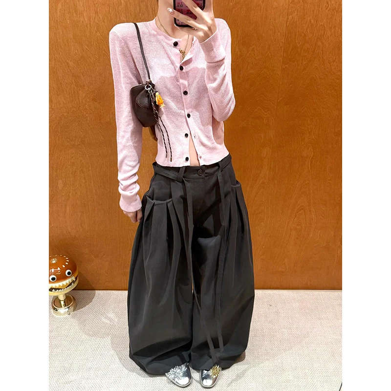 美式复古休闲裤女秋冬设计感口袋打褶阔腿裤宽松直筒垂感拖地长裤