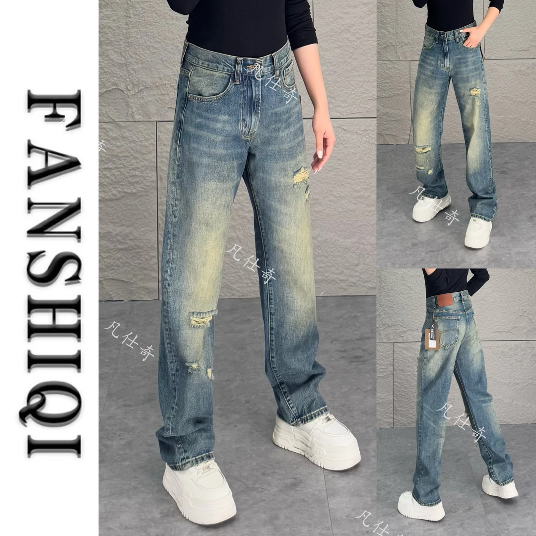 2025春夏水洗棉破洞宽松牛仔裤百搭时尚高腰直筒阔腿牛仔裤3358