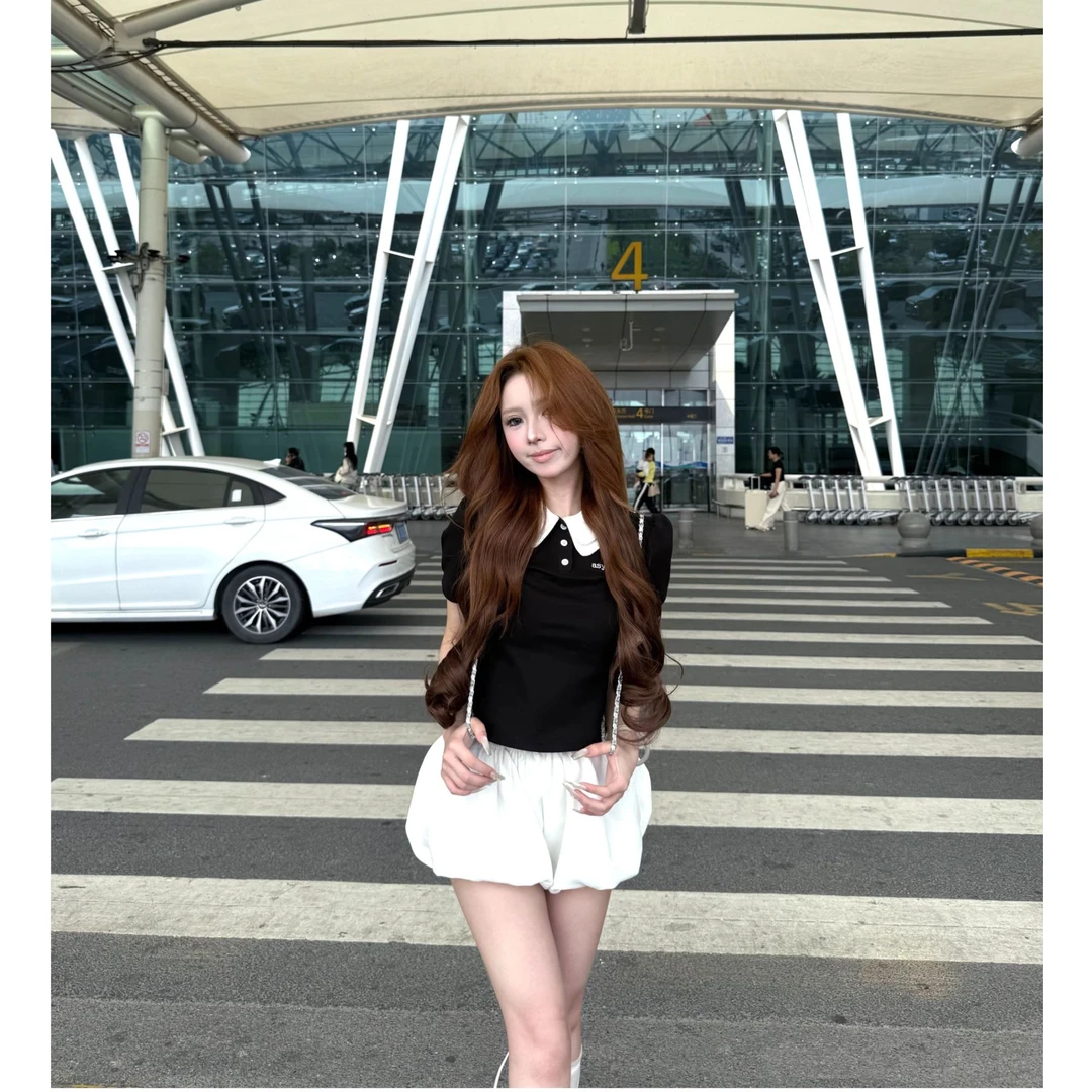 miu系甜辣妹套装女夏季撞色polo领T恤泡泡袖上衣加短裤套装