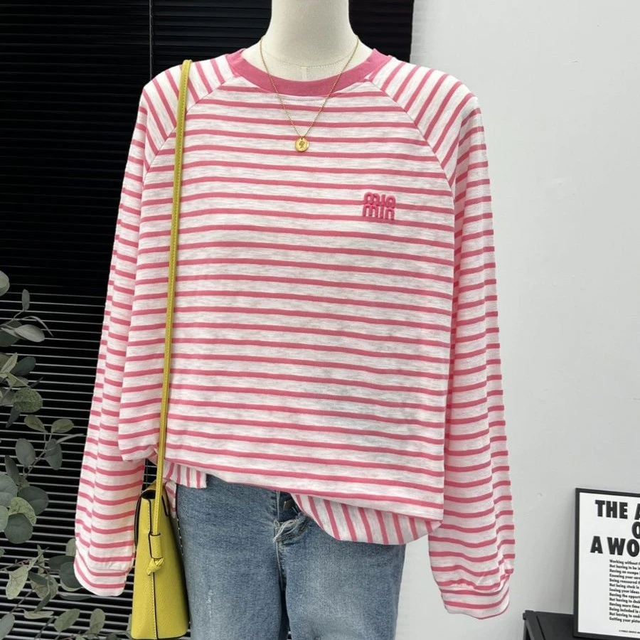 2025韩国秋季大码新撞色领子款条纹长袖T恤女士休闲内搭打底衫