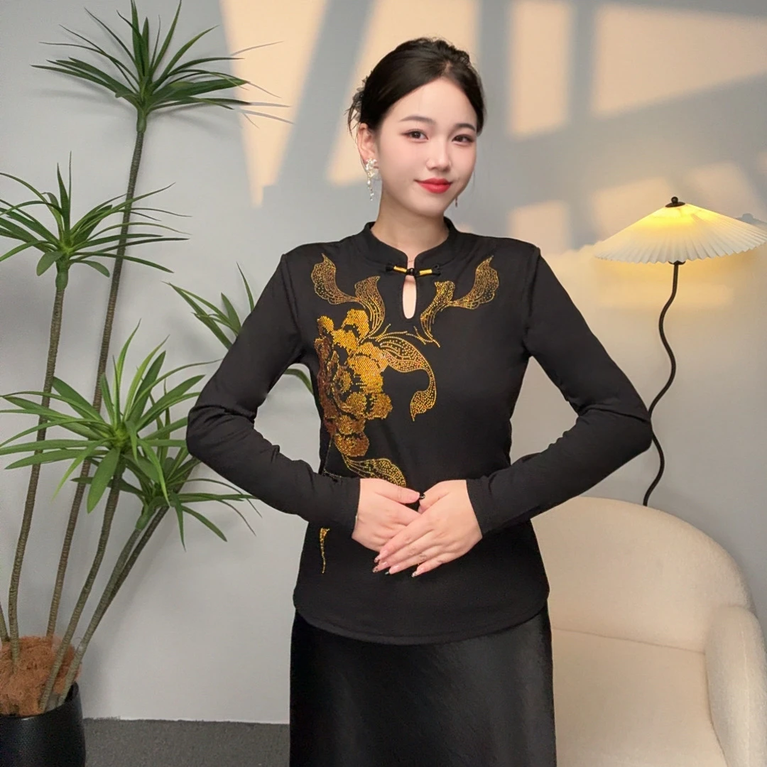 【薄绒款】新中式璀璨玫瑰立领洋气长袖加绒打底衫-3193