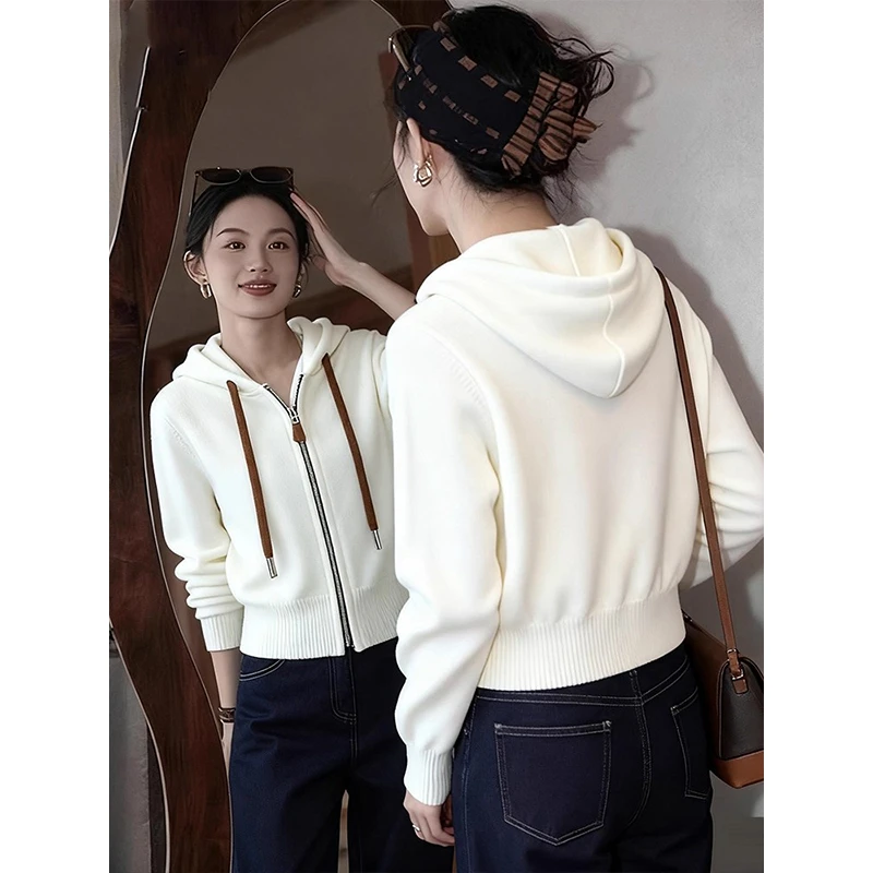 韩版宽松慵懒风抽绳连帽针织衫女2025秋季新款休闲百搭显瘦外套潮