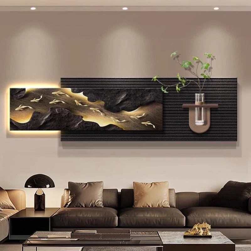 立体砂岩高端客厅装饰画轻奢大气沙发背景墙挂画高级感绿植壁灯画