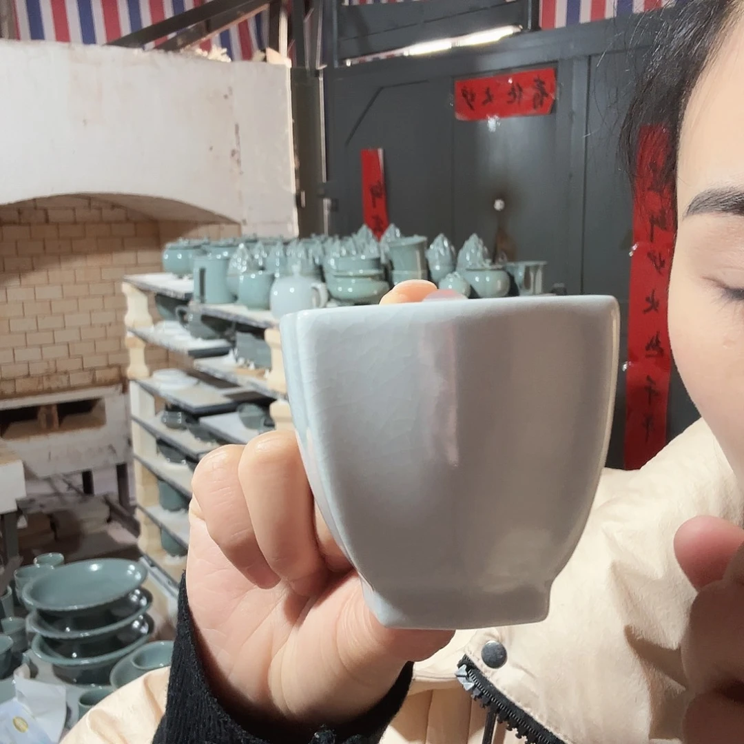 陶摆件汝瓷四方杯支钉烧仿古月白釉开播福利