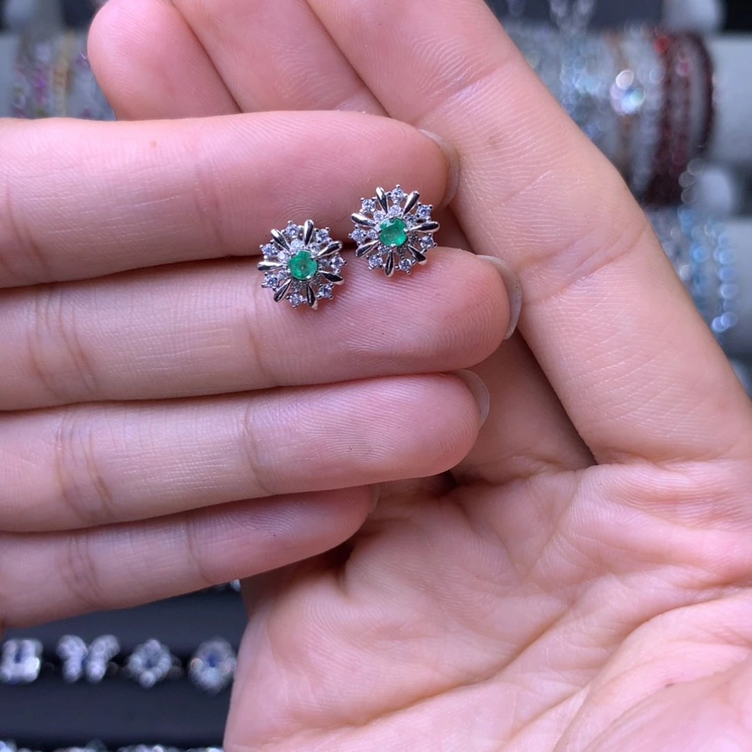 耳饰银S925镶嵌祖母绿