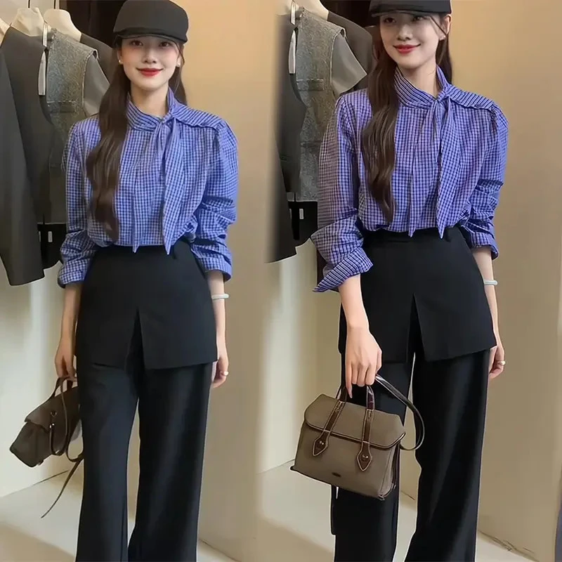 2025秋季新款设计感系带深蓝格纹衬衫上衣休闲文艺裙裤时尚两件套