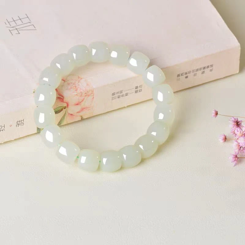 青白玉老型珠单圈手串男女款玉质温润细腻手工打磨直切手串赠证书