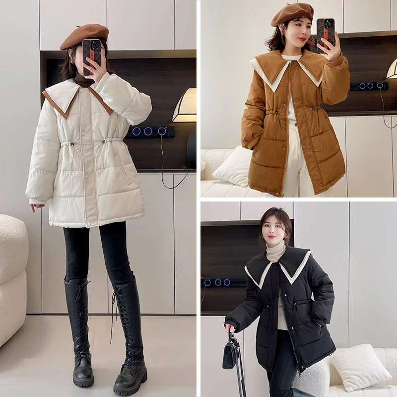 QYX1094拼色海军领抽绳收腰棉衣外套大码女装加厚保暖休闲棉服冬
