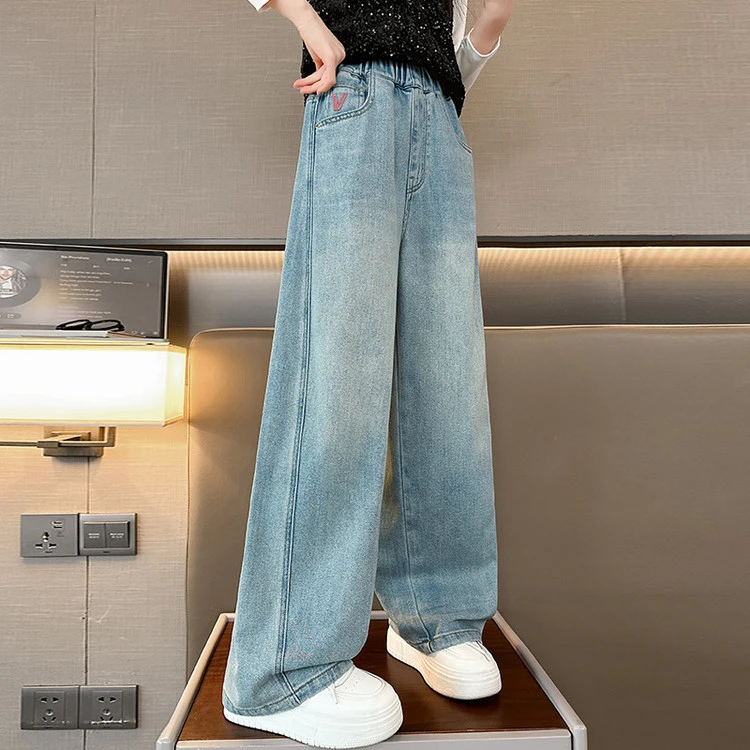 【V标】春秋款女童牛仔裤宽松直筒洋气阔腿裤中大童时尚裤子