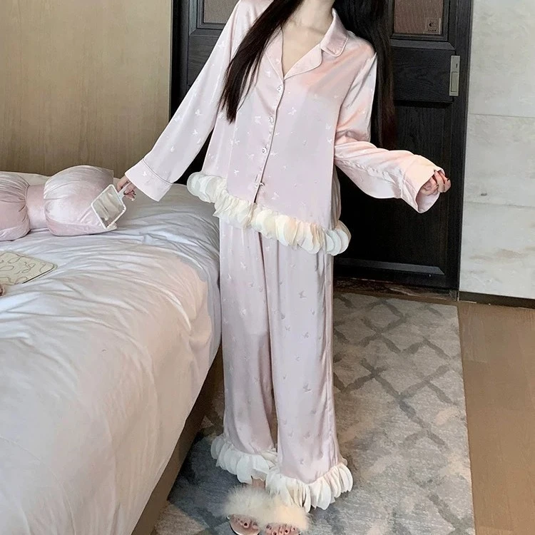 新款睡衣秋季冰丝法式甜美公主风印花长袖长裤套装家居服可外穿女