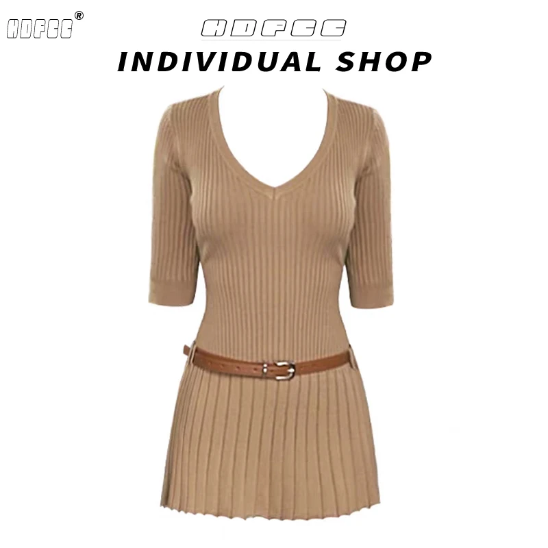 V领中袖腰带针织裙女2025夏季新款辣妹复古修身显瘦百褶针织短裙