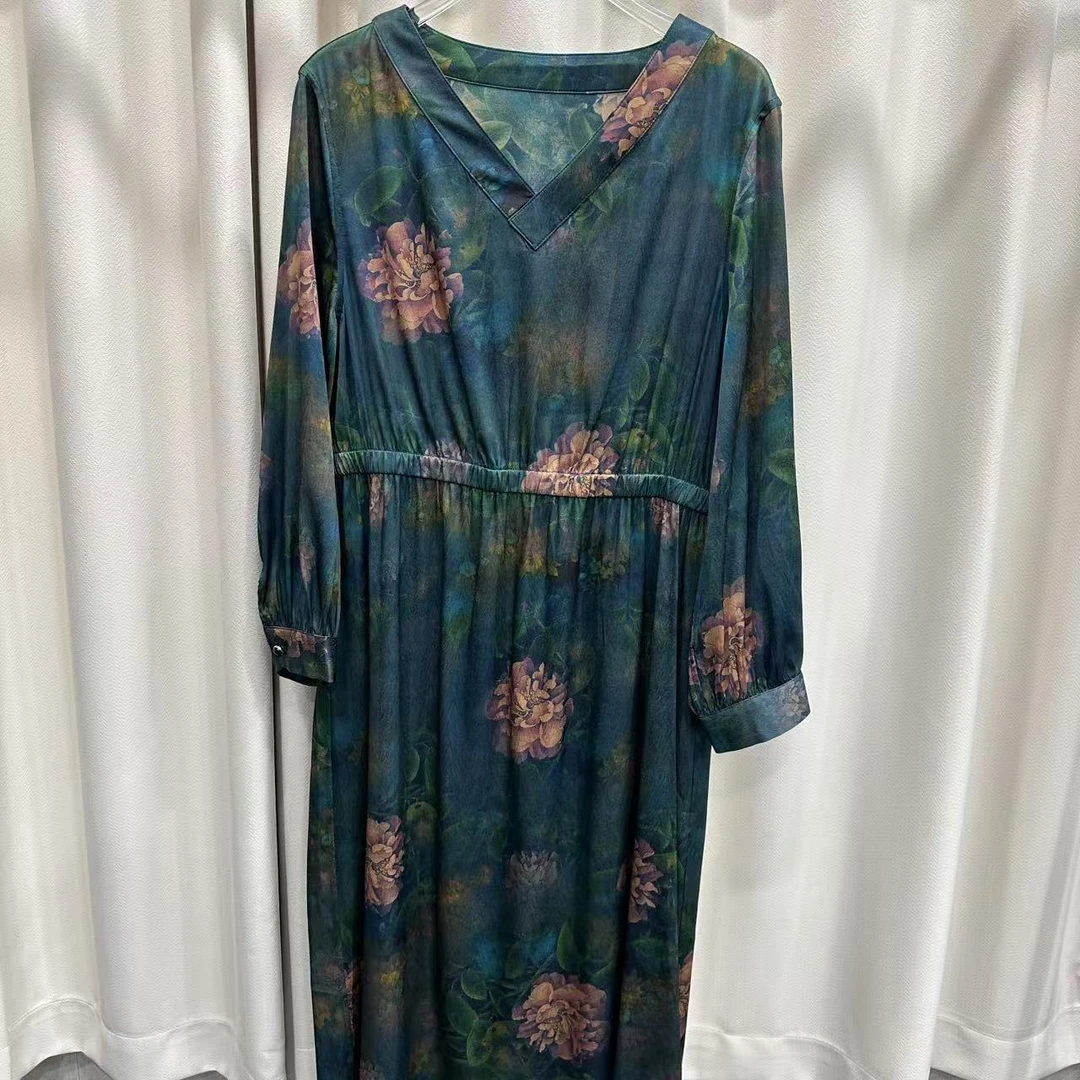 33号  52832孔雀蓝墨绿香云缎连衣裙