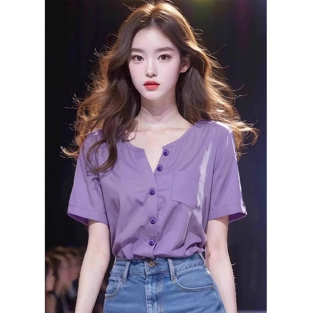 夏季新款小众独特别致紫色小衫高级小上衣设计感甜辣妹短袖衬衫女