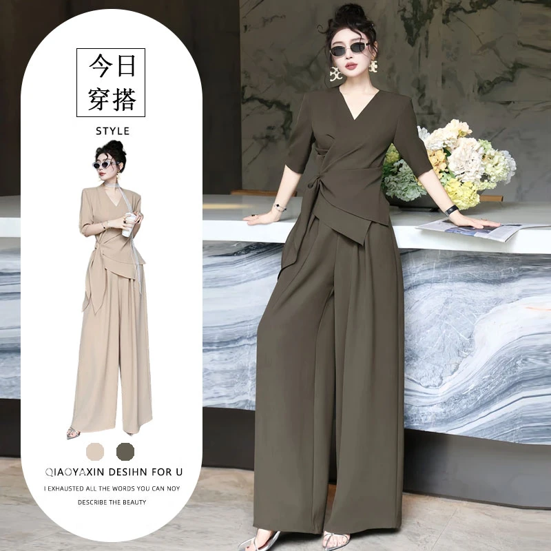 高级感洋气套装2025夏季新款大码气质V领绑带上衣阔腿裤两件套女