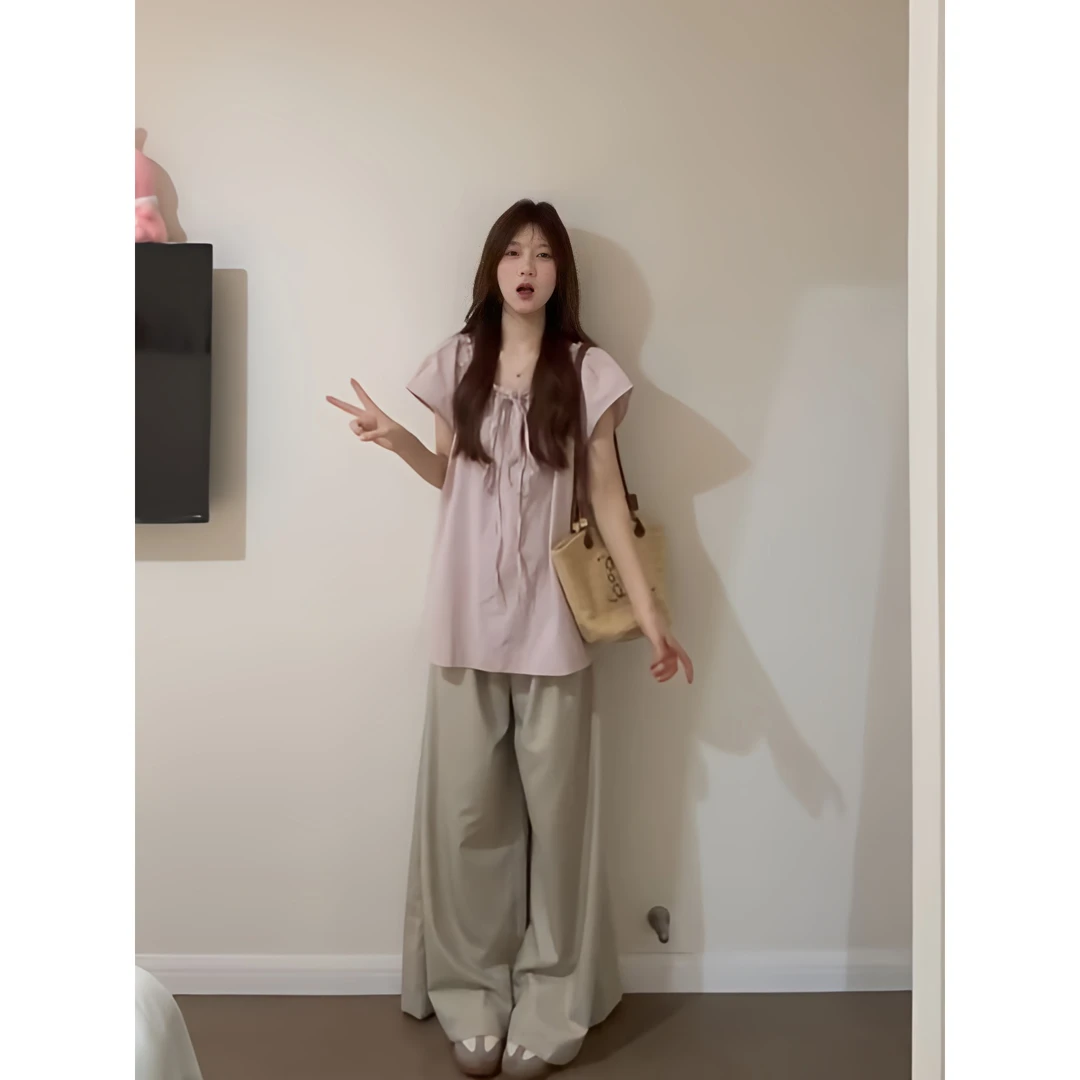 夏季新款系带宽松慵懒风短袖衬衫宽松阔腿休闲裤子套装洋气衣服女