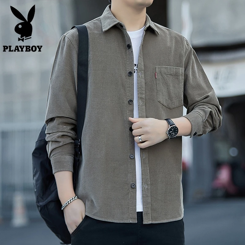 花花公子【爆款热卖】春秋高档男士纯棉灯芯绒长袖衬衫外套港风休闲