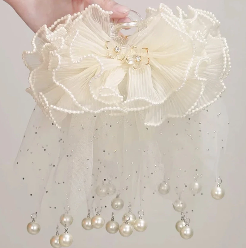 月光裙摆抓夹珠珠纱褶皱裙摆发饰原创设计夏季清新鲨鱼夹