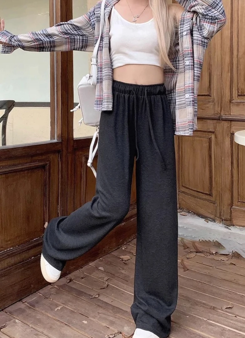 277秋新款欧货松紧腰垂感直筒糯米裤抽绳阔腿休闲裤女潮