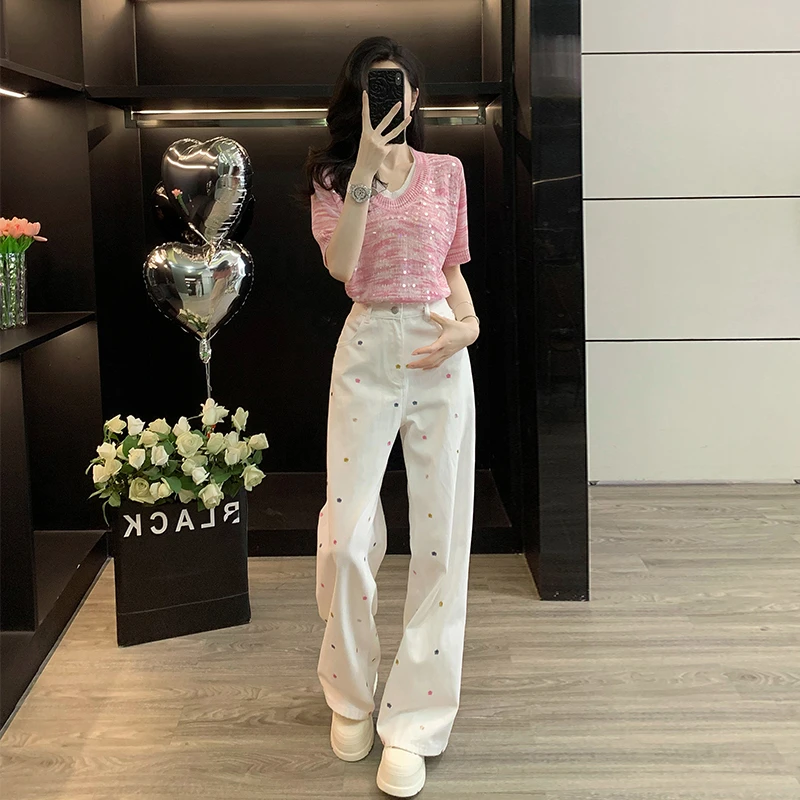 2025夏季新款时尚粉色珠片针织衫上衣白色高腰牛仔裤显瘦两件套