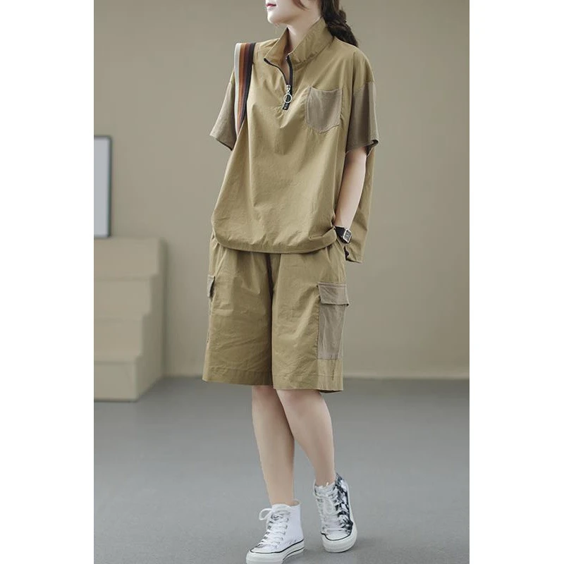 棉单/薄款套装夏季新款拉链立领休闲百搭女士纯色宽松短裤恤套装