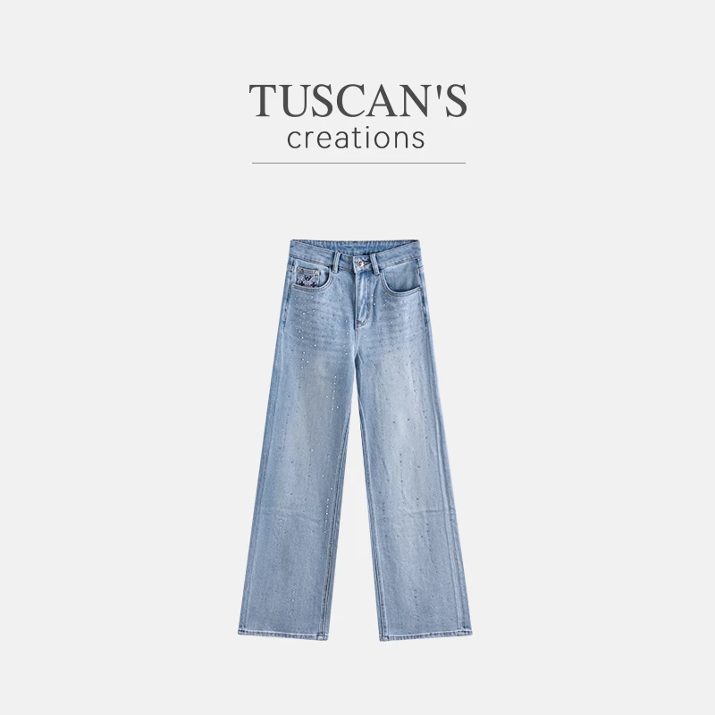 TUSCAN'S CREATIONS时尚百搭高腰宽松直筒牛仔裤烫钻设计师阔腿裤