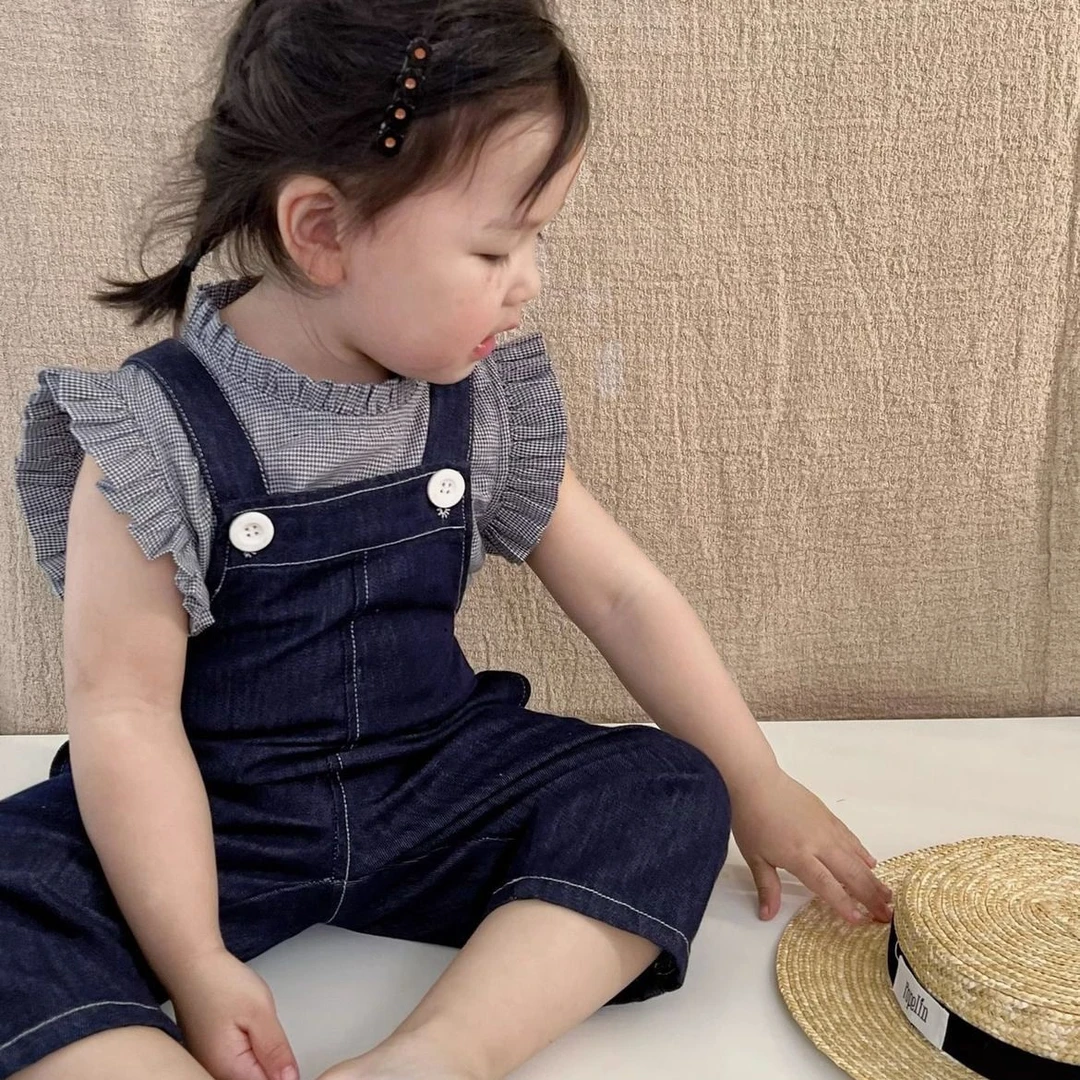 薄薄软软！2024夏季新款韩版女童千鸟格小飞袖清上衣凉牛仔背带裤