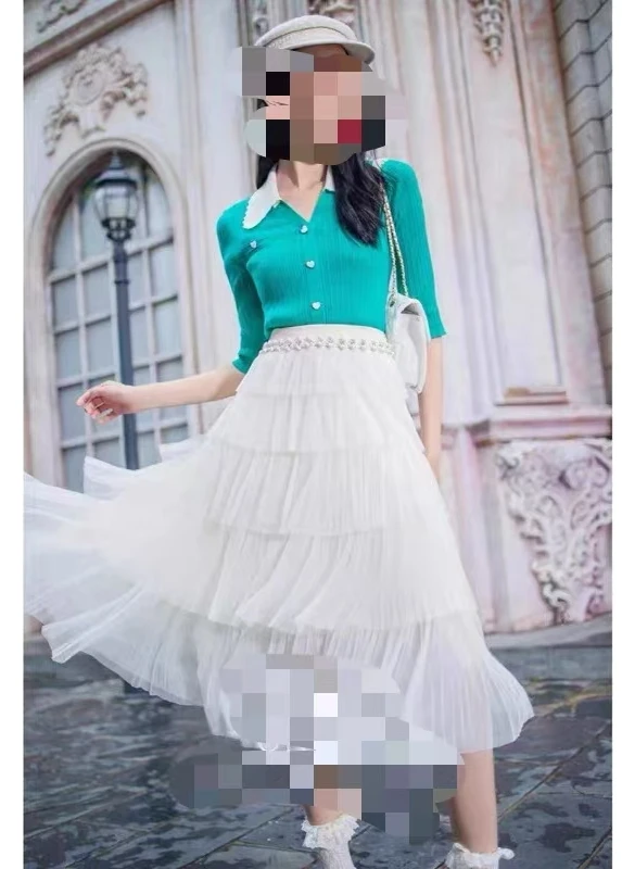 左左家白色蕾丝拼接半身裙气质百搭时尚春季网纱塔裙