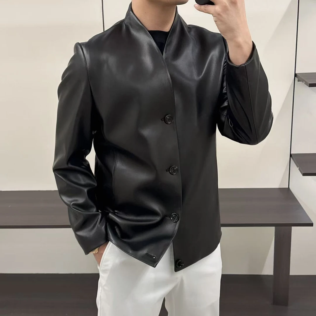 東•Dongzi 高奢丨欧货羊皮丨春季无领时尚休闲皮夹克外套28757L