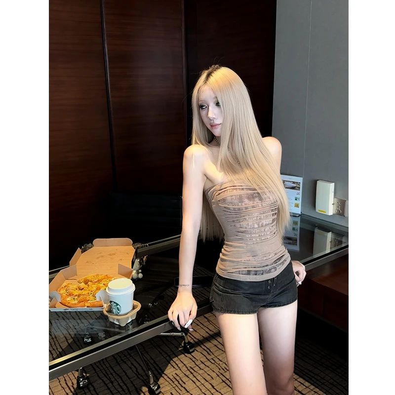 莫欣欣-辣妹卡其色网纱抹胸无袖上衣女夏季背心女内搭250208
