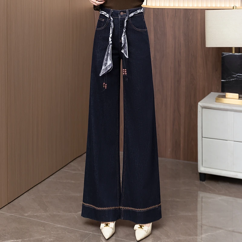 雅鹿深蓝色牛仔裤女2025秋季新款韩系丝带设计垂感高腰显瘦阔腿裤