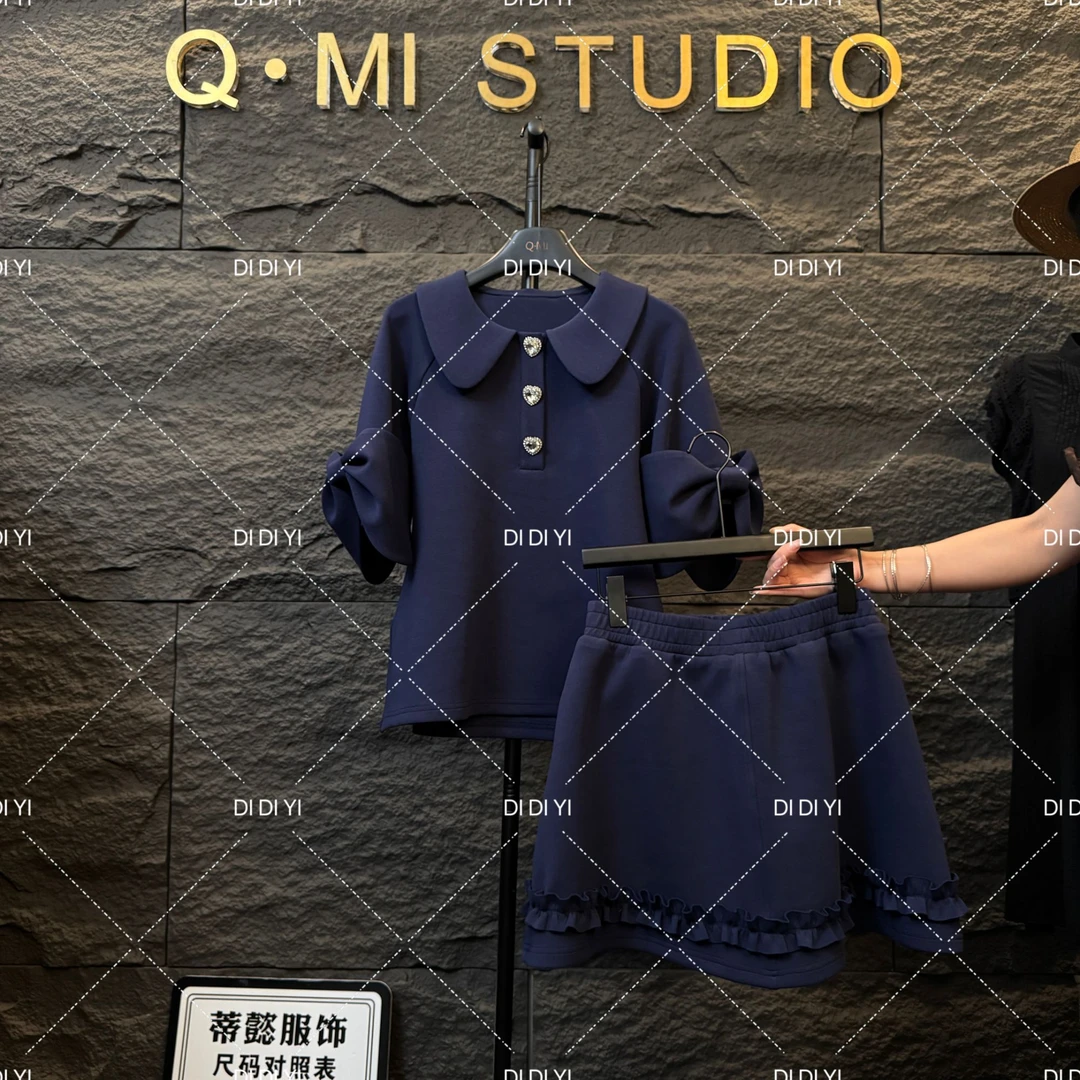 2025原创大码高定设计款蓝色娃娃领蝴蝶袖短裙两件套25032