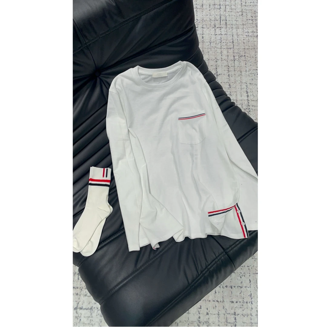 《An ni》【TB】秋季拼接织带开叉长袖T恤女百搭慵懒上衣 Ani-C846