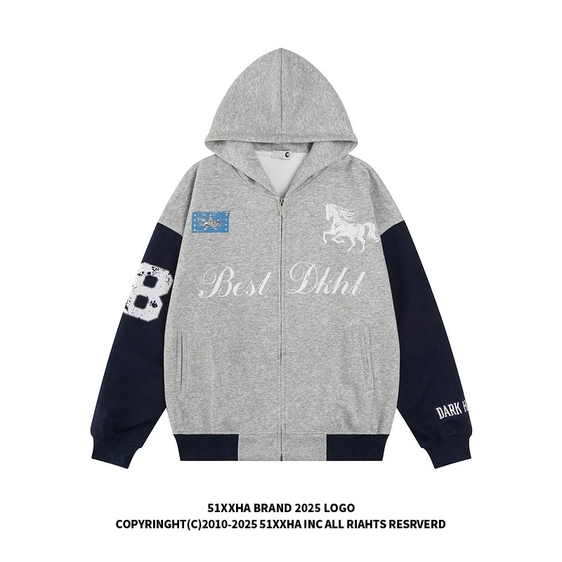 51嘻哈欧美高街字母印花宽松开衫连帽卫衣男潮牌hiphop古着感外套