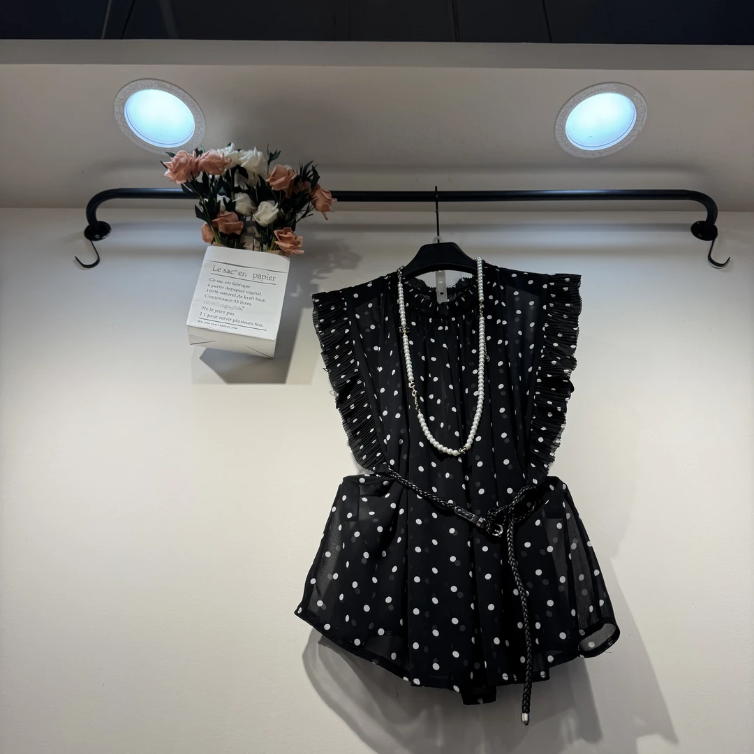 【丽正】2025年夏季新款法式复古气质显瘦波点飞飞袖衬衫带腰带