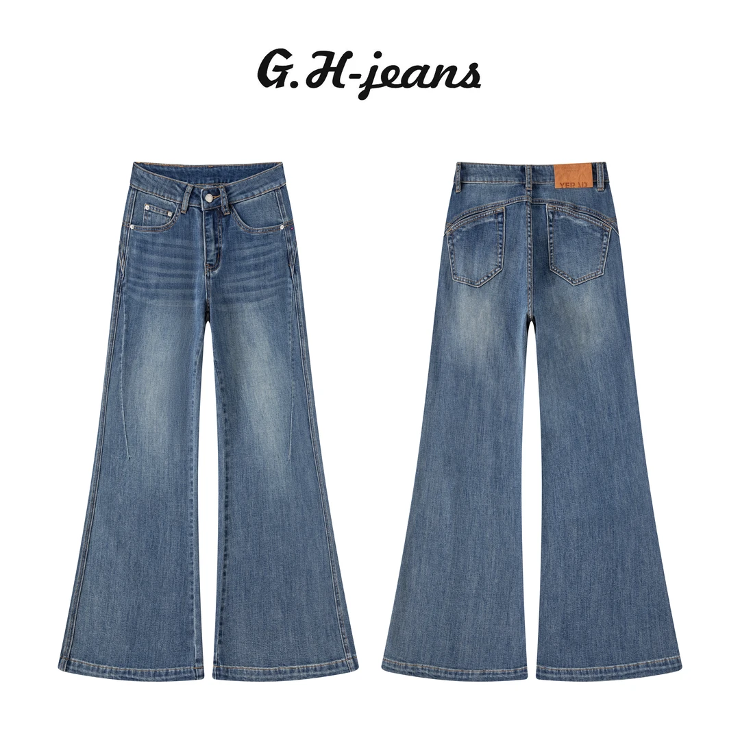 【G.H】夏季早秋新款蝶翅蓝独特口袋裁剪设计中高腰直筒喇叭牛仔裤