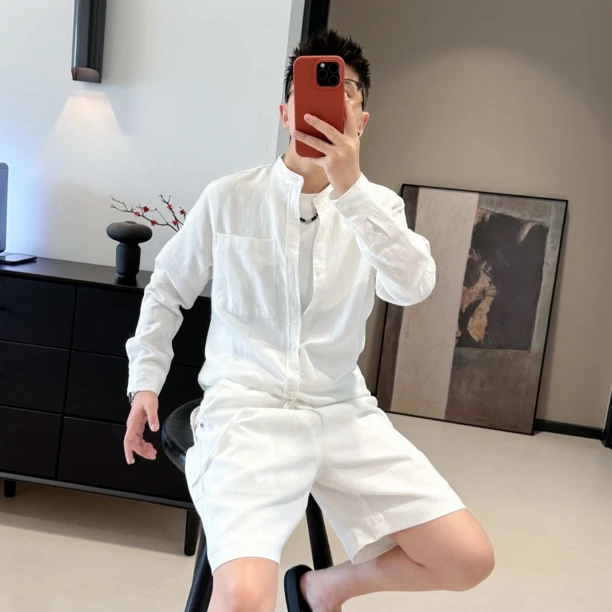 8167  8170 夏季清凉老钱风亚麻休闲衬衫+短裤（套装）