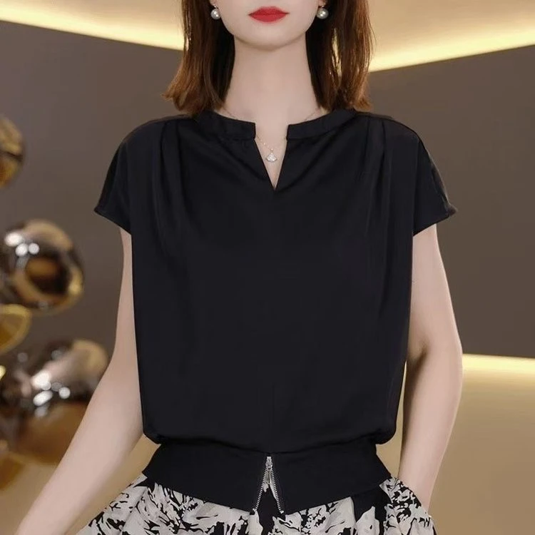 时尚小V领T恤春夏款收腰显瘦E设计感小衫上衣-207