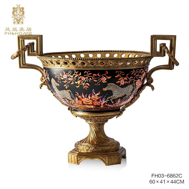 FH&HOME/凤凰美居奢华欧式高温瓷彩绘黑红色双耳花盆