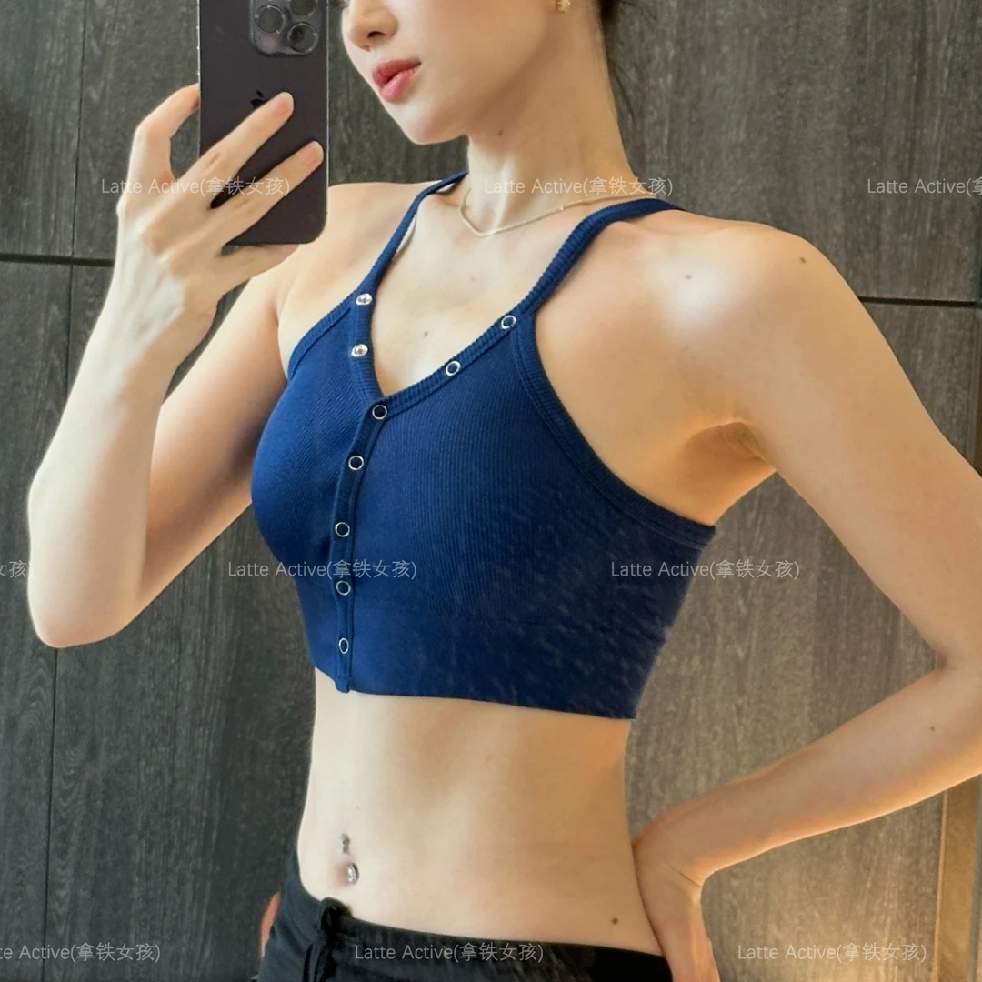 拿铁女孩交叉镂空性感美背螺纹带胸垫运动V领裸感健身瑜伽文胸