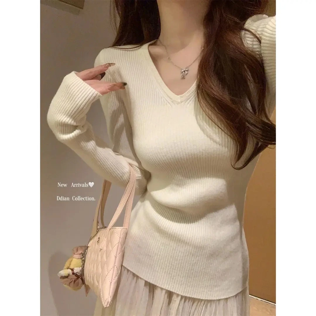 千朔秋冬安迪绒v领纯色打底衫女修身显瘦内搭针织衫洋气毛衣上衣