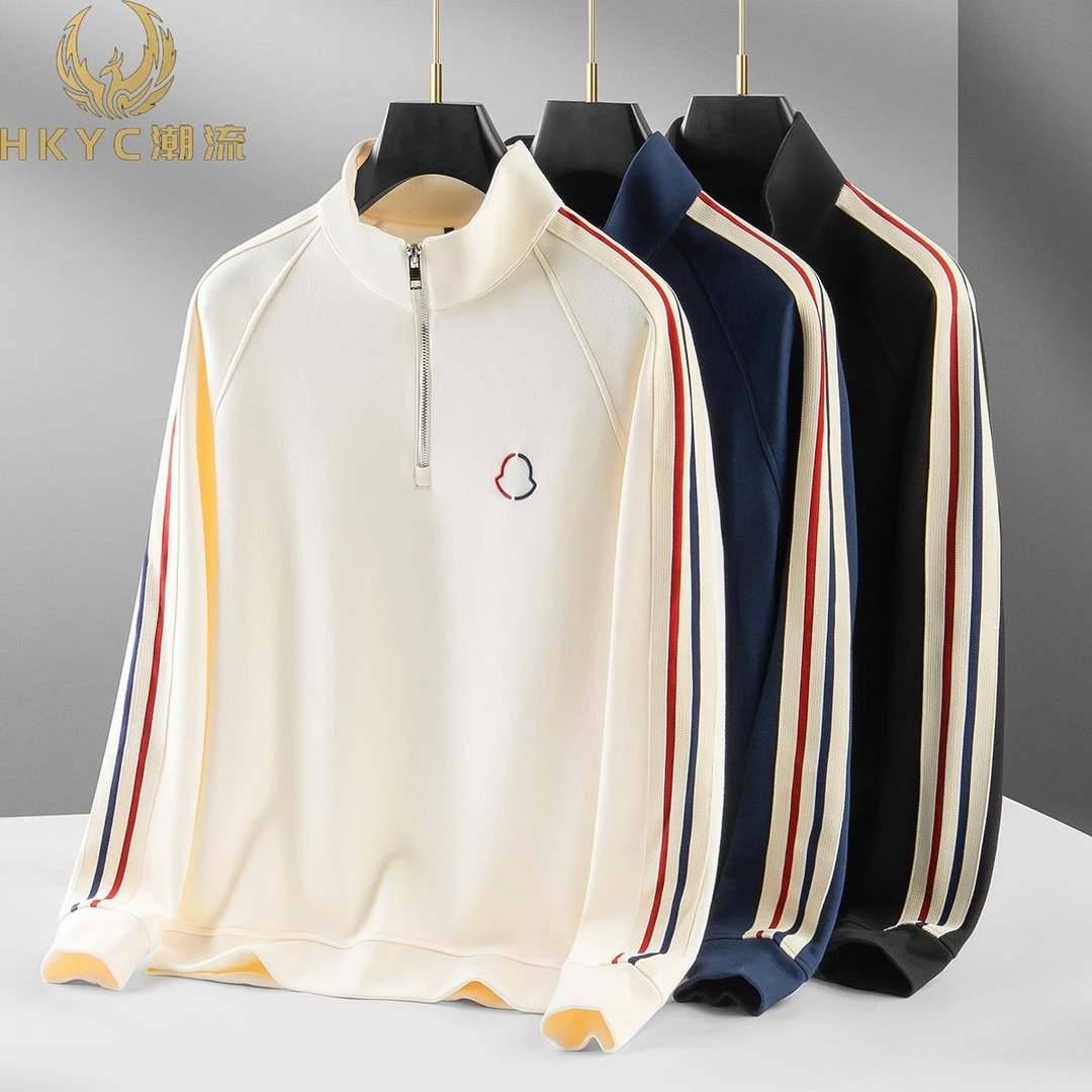 HKYC秋冬时尚潮流挺阔空气层太空棉帅气织带男士半拉炼立领运动衫