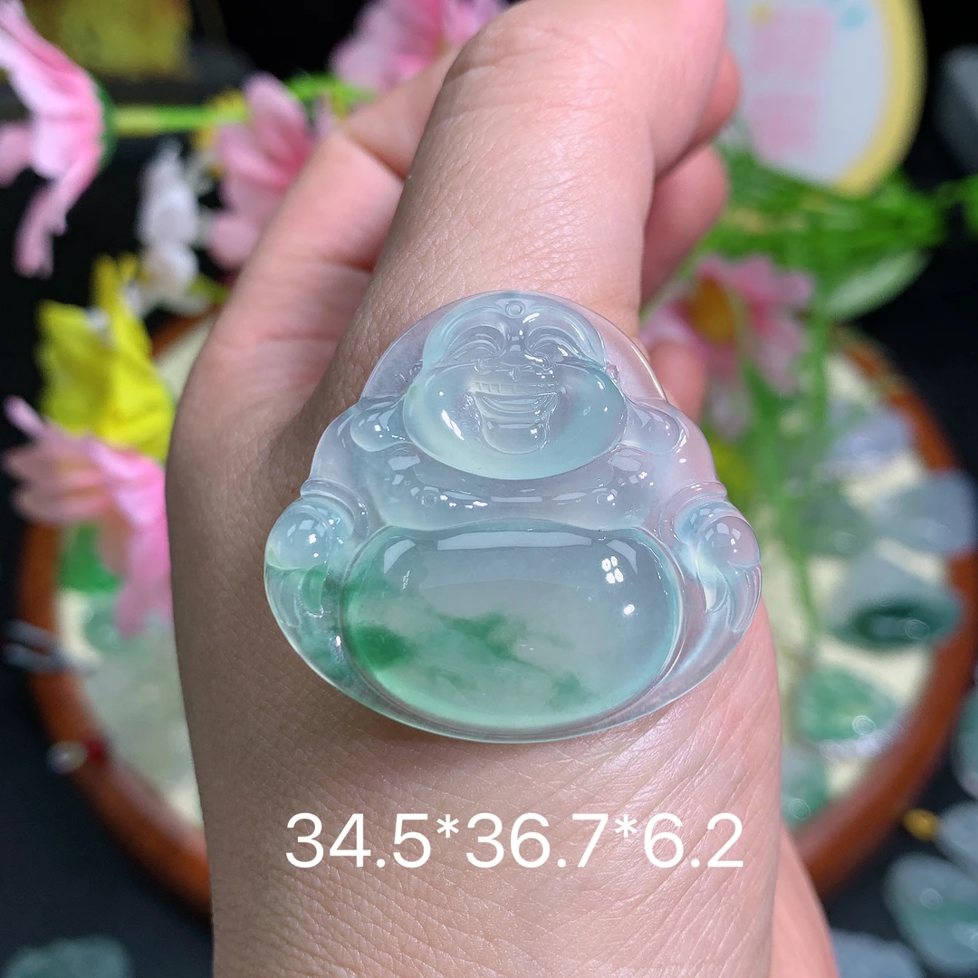 缅甸翡翠A货冰种飘花佛公品吊坠挂件水润百搭精致玉冰气质妈妈精