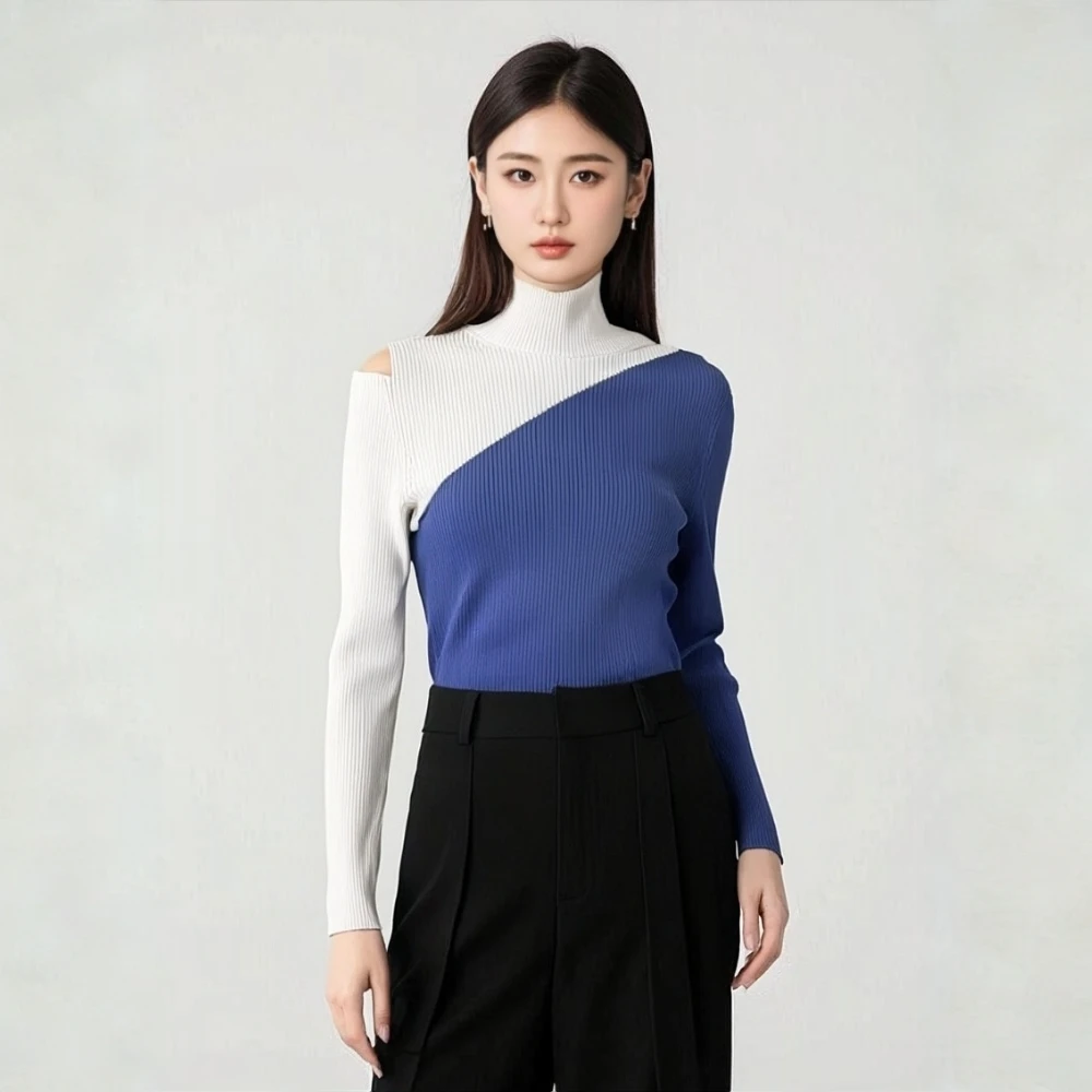艳儿家【拼接撞色露肩】针织小众设计显示女士高领毛衣长袖蓝色时尚