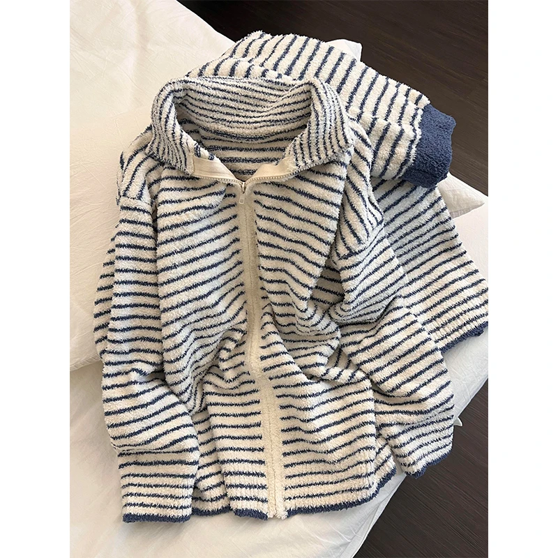 日系休闲慵懒条纹半边绒睡衣女秋冬爆款长袖长裤可外穿家居服套装